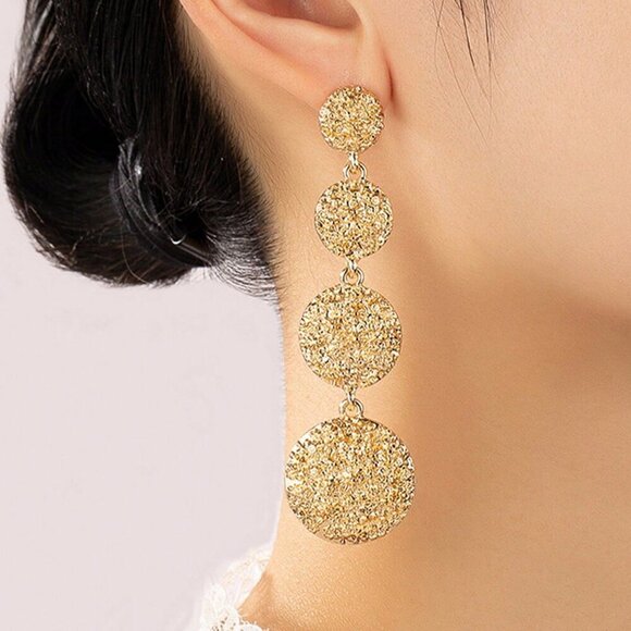 gold or silver toned Women's Luxury Rhinestone Round Long dangling Earrings - Picture 2 of 10
